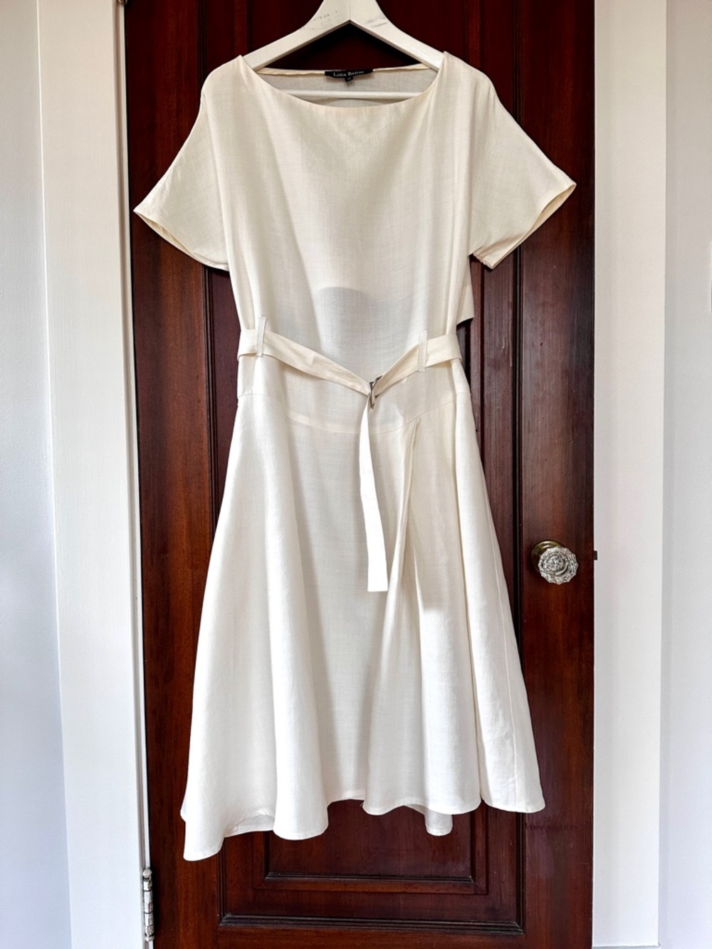 Lida Baday Light Cream Short-Sleeve Belted Midi Dress